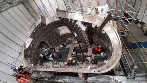 Top-down view of Europe’s ITER Vacuum Vessel sector 5 on the assembly tool, Mangiarotti, Italy, March 2022